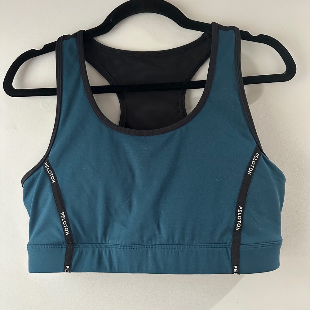 Peloton Sports Bra Teal‎ Black Racerback Mesh Cutout Logo Athletic Workout
